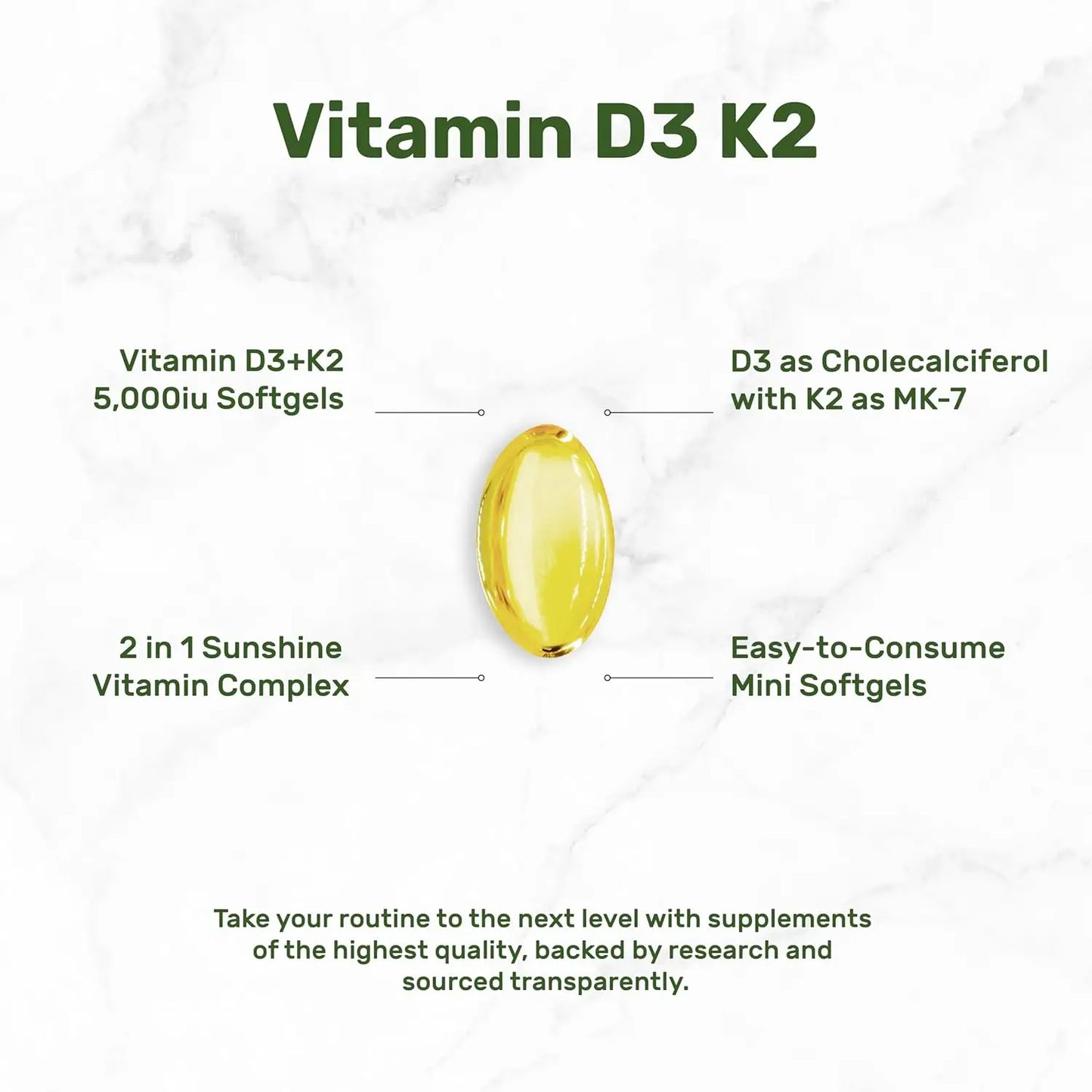 Natural Vitamin D3 and K2 Softgels Made with Pure Ingredients for Daily Nutrition Support Vitamin D3