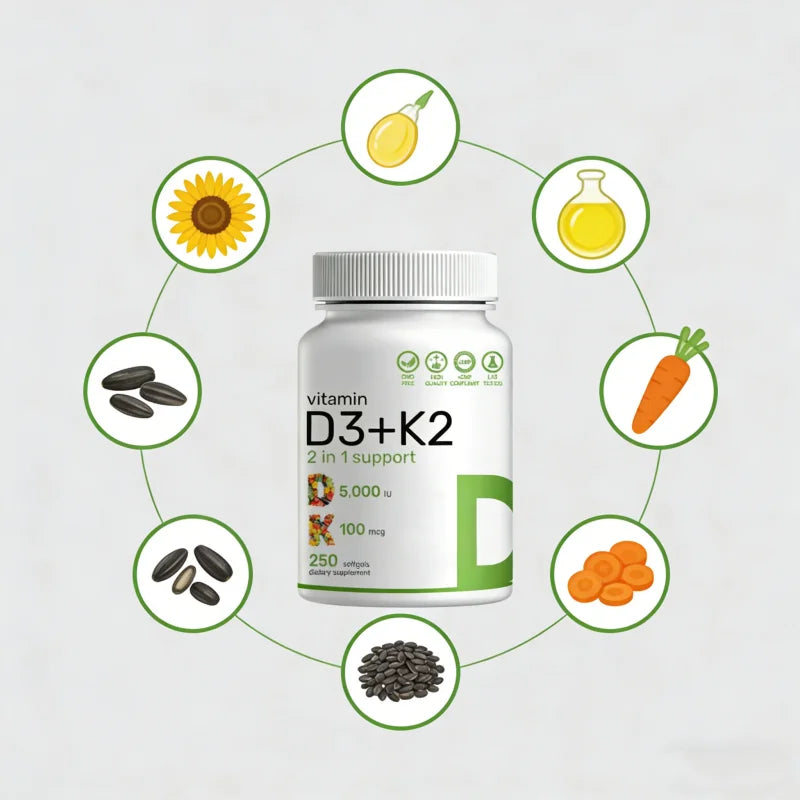 Natural Vitamin D3 and K2 Softgels Made with Pure Ingredients for Daily Nutrition Support Vitamin D3