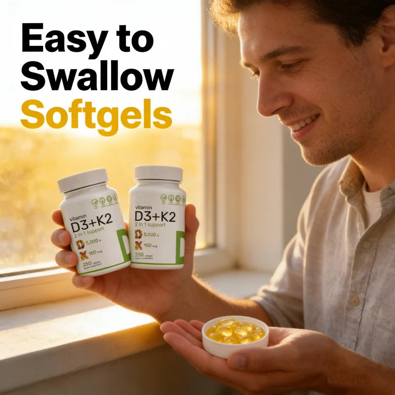 Natural Vitamin D3 and K2 Softgels Made with Pure Ingredients for Daily Nutrition Support Vitamin D3