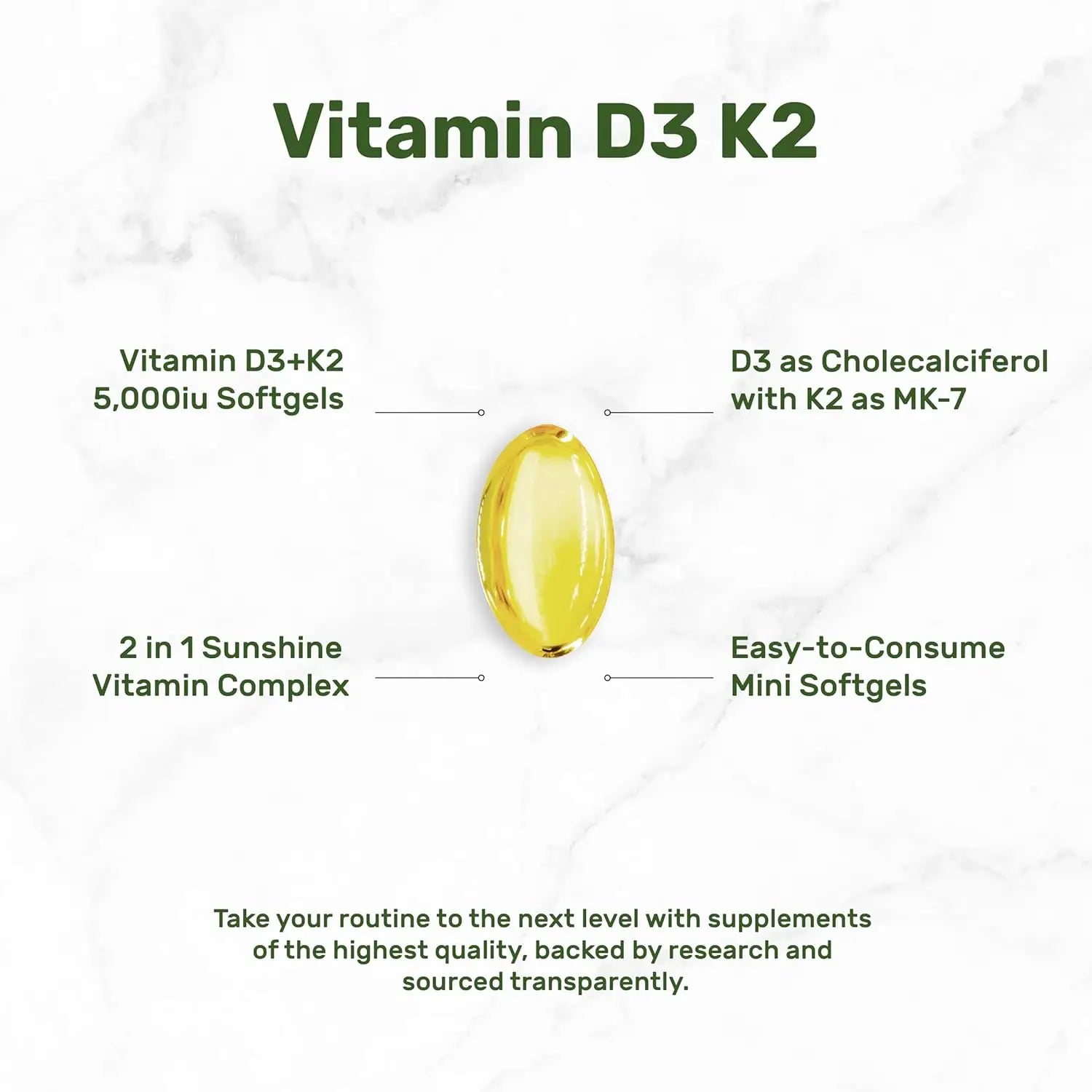 Natural Vitamin D3 and K2 Softgels Made with Pure Ingredients for Daily Nutrition Support Vitamin D3