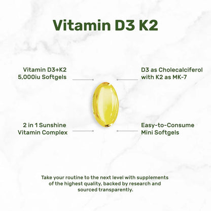 Natural Vitamin D3 and K2 Softgels Made with Pure Ingredients for Daily Nutrition Support Vitamin D3