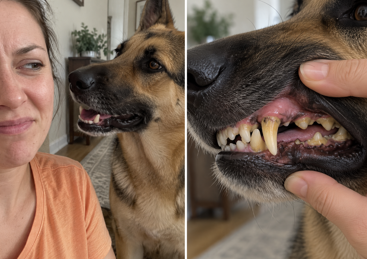 A woman with her German Shepherd and a close-up of the dog’s teeth and gumline